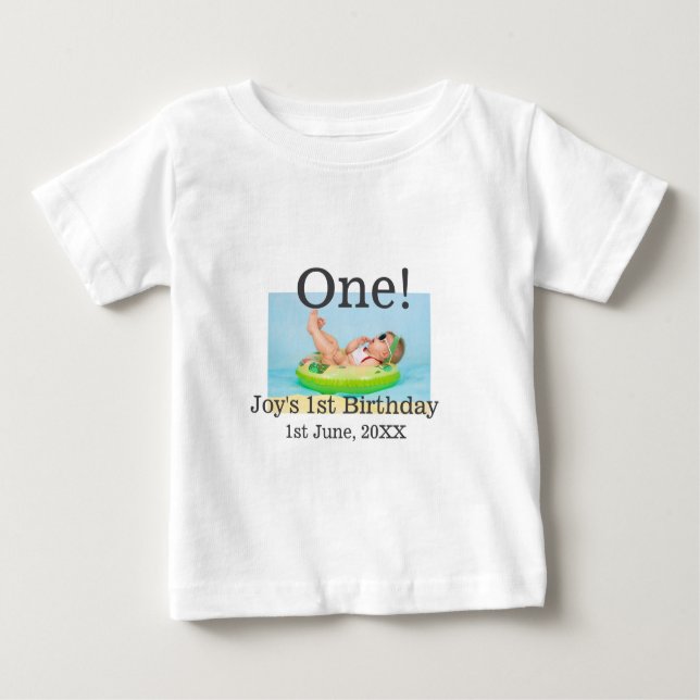 One first birthday photo modern add name date  baby T-Shirt (Front)