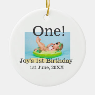 One first birthday photo modern add name date ceramic ornament