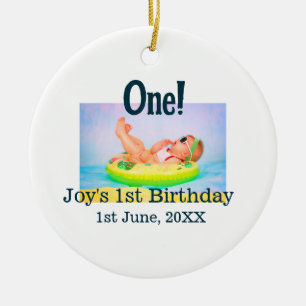 One first birthday photo modern add name date ceramic ornament