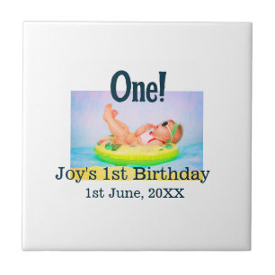 One first birthday photo modern add name date ceramic tile