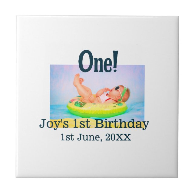 One first birthday photo modern add name date  ceramic tile (Front)