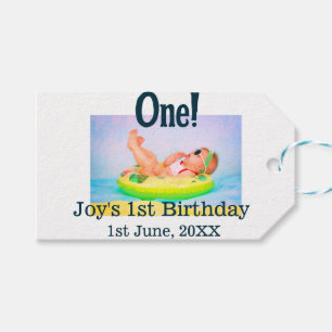 One first birthday photo modern add name date gift tags