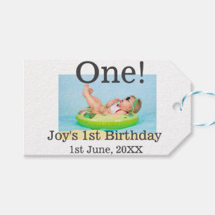 One first birthday photo modern add name date gift tags