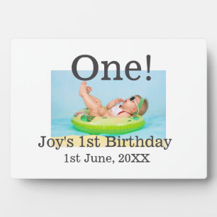 One first birthday photo modern add name date  plaque