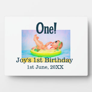 One first birthday photo modern add name date  plaque