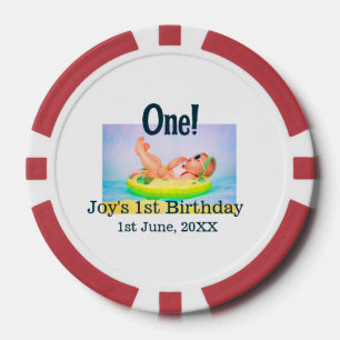One first birthday photo modern add name date  poker chips