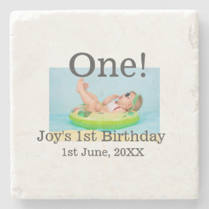 One first birthday photo modern add name date stone coaster
