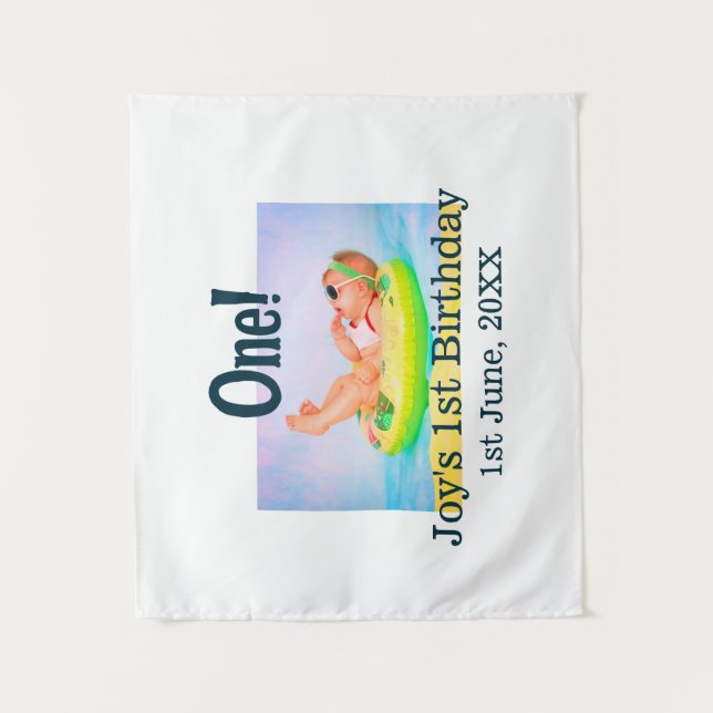One first birthday photo modern add name date  tapestry (Front)