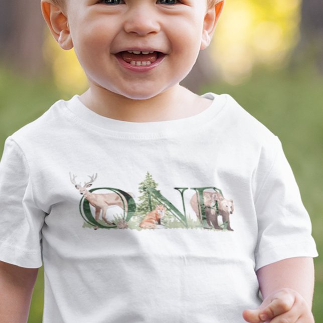 One First Birthday Woodland Bear Deer Woods Baby T-Shirt (Creator Uploaded)