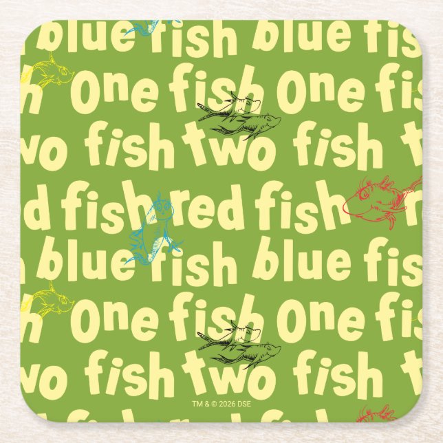 One Fish Two Fish Typography Pattern Square Paper Coaster (Front)