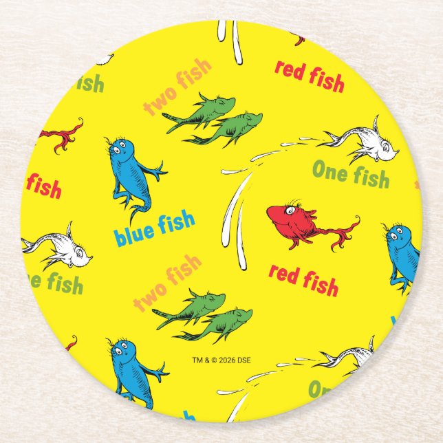 One Fish Two Fish Yellow Pattern Round Paper Coaster (Front)