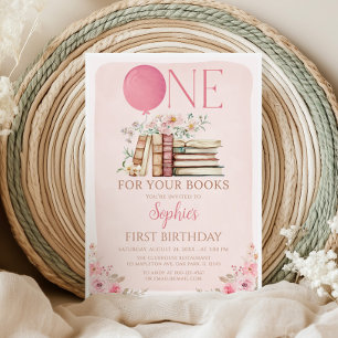 One for the books Pink Book First Birthday Invitation