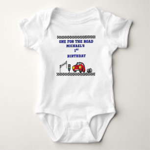 ONE FOR THE ROAD DASHING BLUE RACE CAR 1ST BRTHDAY BABY BODYSUIT