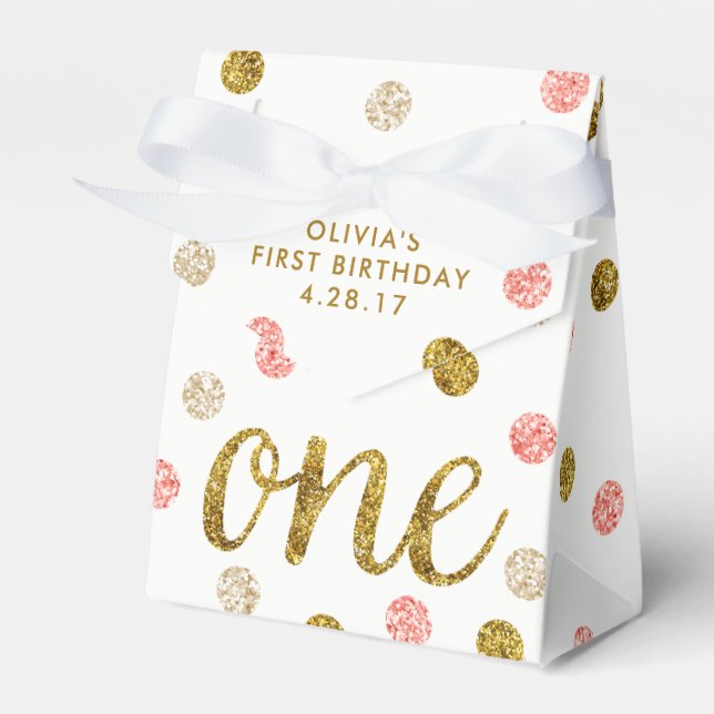 One Glitter Confetti 1st Birthday Pink and Gold Favour Box (Front Side)