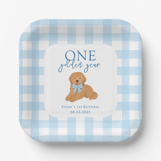 One Golden Year Golden Doodle Boys Birthday Paper Plate (Front)