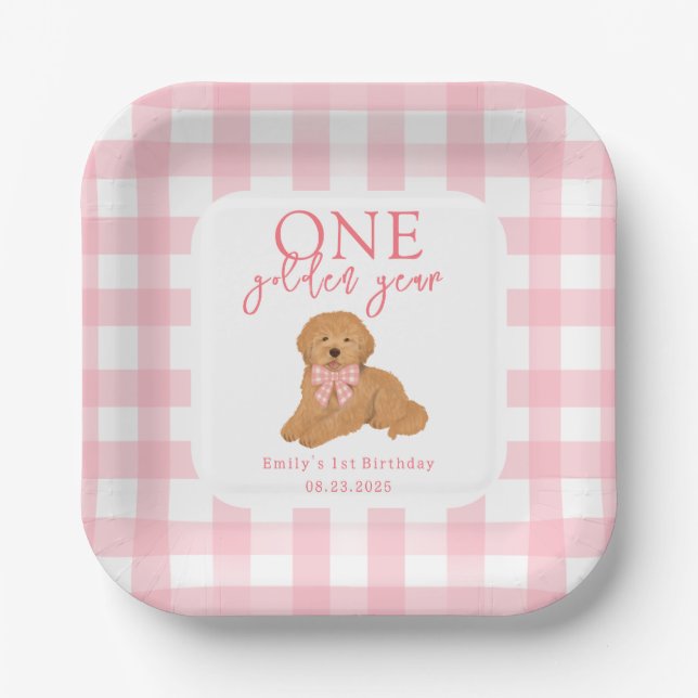 One Golden Year Golden Doodle Girls Birthday Paper Plate (Front)