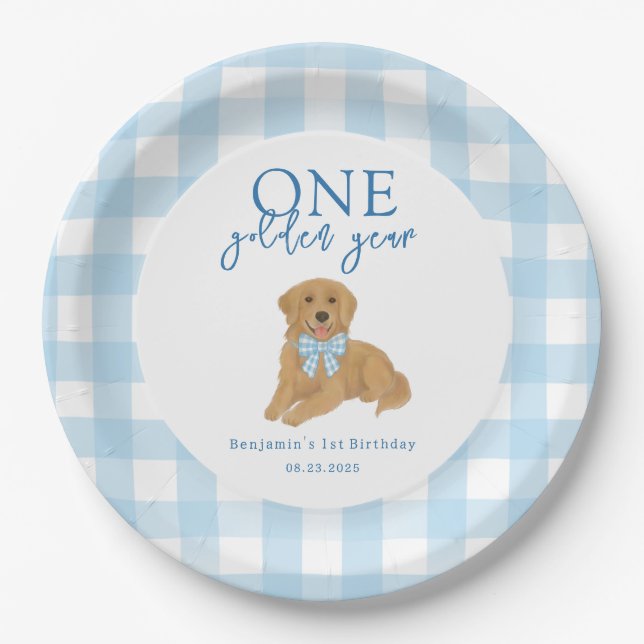 One Golden Year Golden Retriever Boys Birthday Paper Plate (Front)