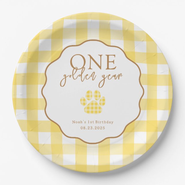 One Golden Year Paw Print First Birthday Party Paper Plate (Front)