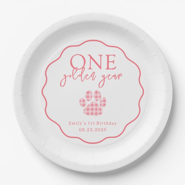 One Golden Year Paw Print First Birthday Party Paper Plate (Front)