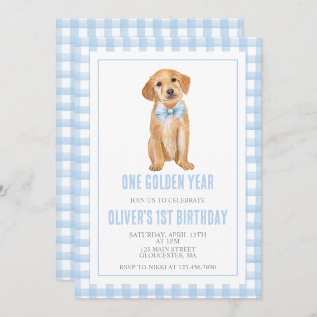 One Golden Year Puppy preppy plaid birthday Invitation (Front/Back)