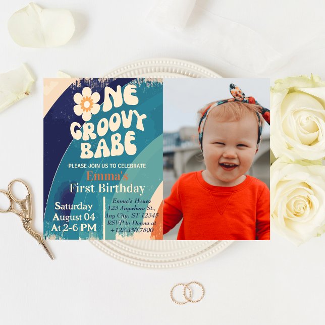 ONE Groovy Babe  1st Birthday Groovy One Photo Invitation (Creator Uploaded)