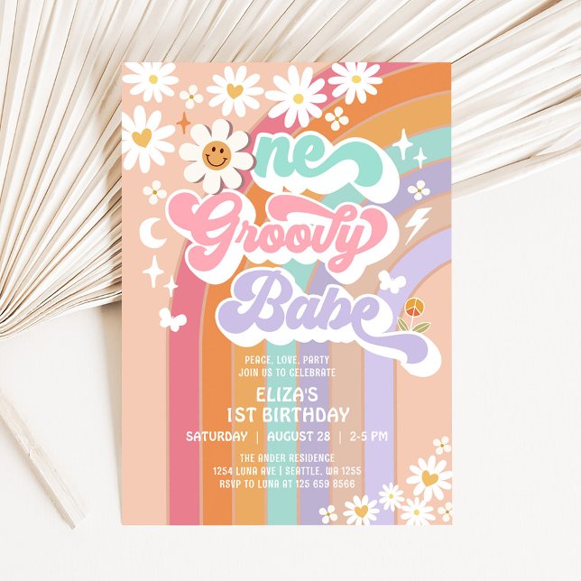 One Groovy Babe 1st Daisy Rainbow Birthday Invitation (Creator Uploaded)