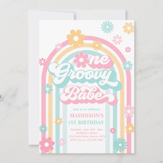 One Groovy Babe Boho Daisy Rainbow 1st Birthday Invitation (Front)