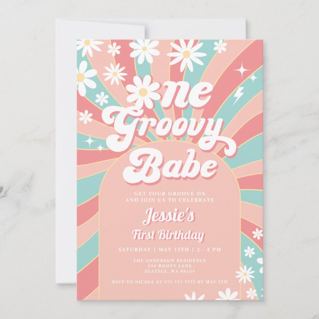 One Groovy Babe Pink Daisy 70s Retro 1st Birthday Invitation (Front)