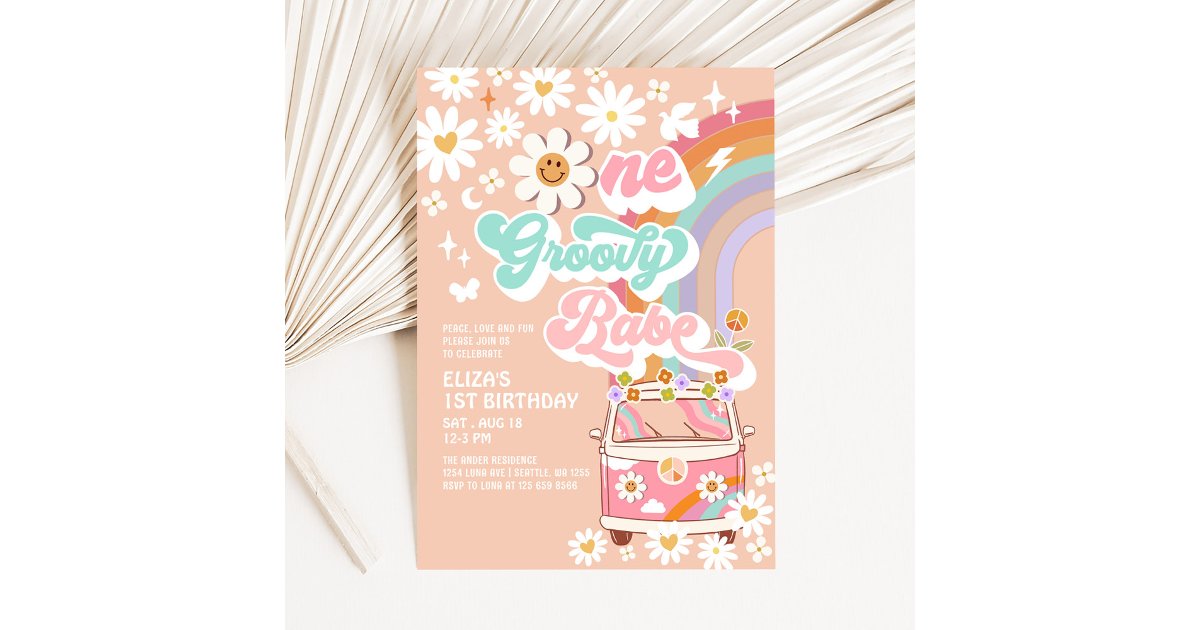 ONE Groovy Babe Pink Daisy Rainbow 1st Birthday Invitation | Zazzle
