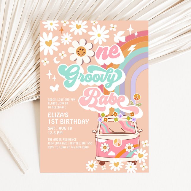 ONE Groovy Babe Pink Daisy Rainbow 1st Birthday Invitation (Creator Uploaded)