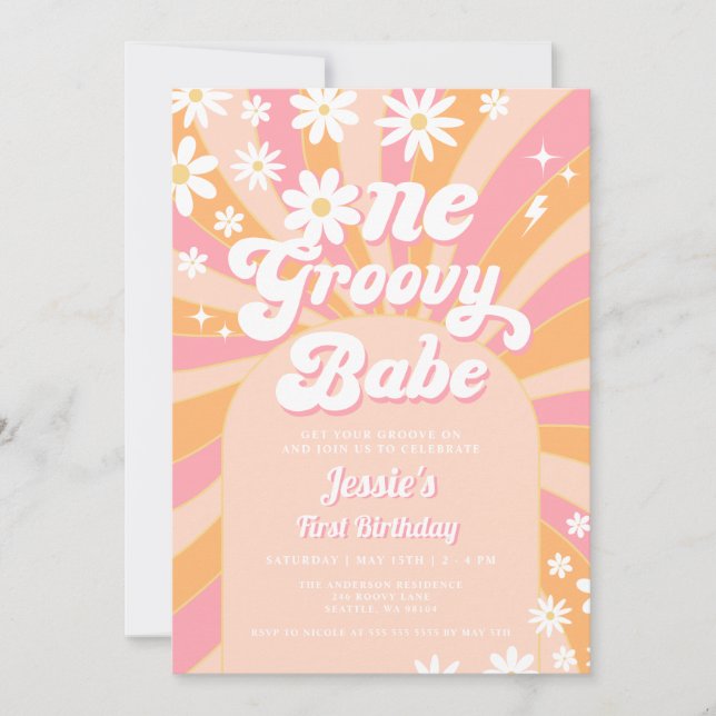 One Groovy Babe Pink Daisy Retro 1st Birthday Invitation (Front)