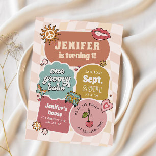 One Groovy Babe Retro Daisy 1st Birthday Party Invitation