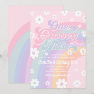 One Groovy Babe Retro Daisy Pink Rainbow Birthday Invitation