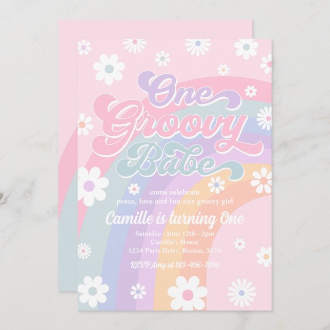 One Groovy Babe Retro Daisy Pink Rainbow Birthday Invitation (Front/Back)