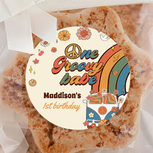 One Groovy Babe Retro Rainbow 1st Birthday Classic Round Sticker
