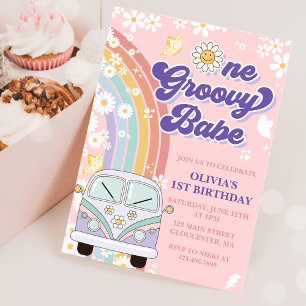 One Groovy Babe Retro Rainbow 1st Birthday Invitation