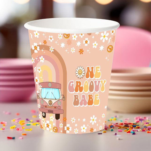 One Groovy Babe Retro Rainbow 1st Birthday Paper Cups (Creator Uploaded)