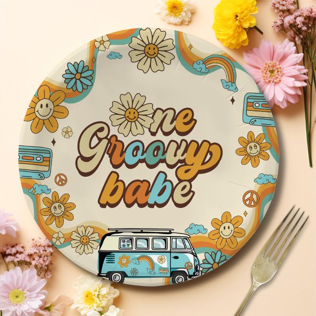 One Groovy Babe Retro Rainbow 1st Birthday Paper Plate (Creator Uploaded)
