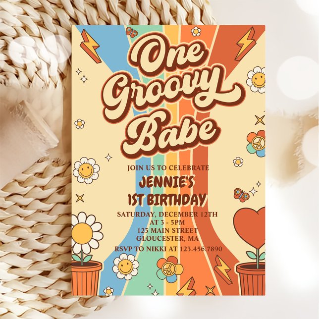 One Groovy Babe Retro Rainbow 1st Birthday Party Invitation (Creator Uploaded)