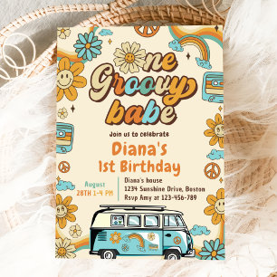 One Groovy Babe Retro Rainbow 1st Birthday Party Invitation