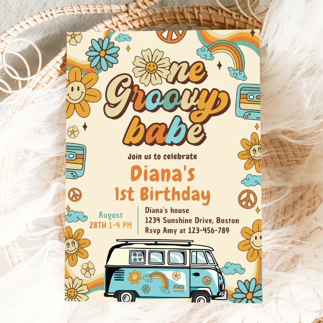 One Groovy Babe Retro Rainbow 1st Birthday Party Invitation (Creator Uploaded)