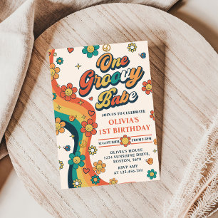 One Groovy Babe Retro Rainbow 1st Birthday Party Invitation