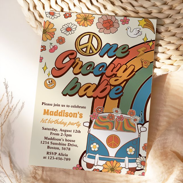 One Groovy Babe Retro Rainbow 1st Birthday Party Invitation (Creator Uploaded)