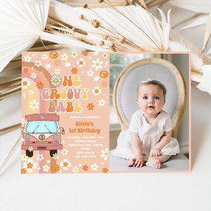 One Groovy Babe Retro Rainbow 1st Birthday Photo Invitation
