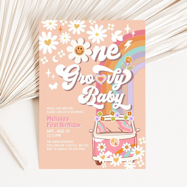 One Groovy Baby Daisy Rainbow 1st Birthday Invitation (Creator Uploaded)