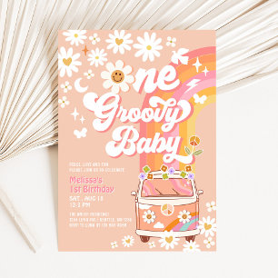 ONE Groovy Baby Hippie Van Daisy 1st Birthday Invitation