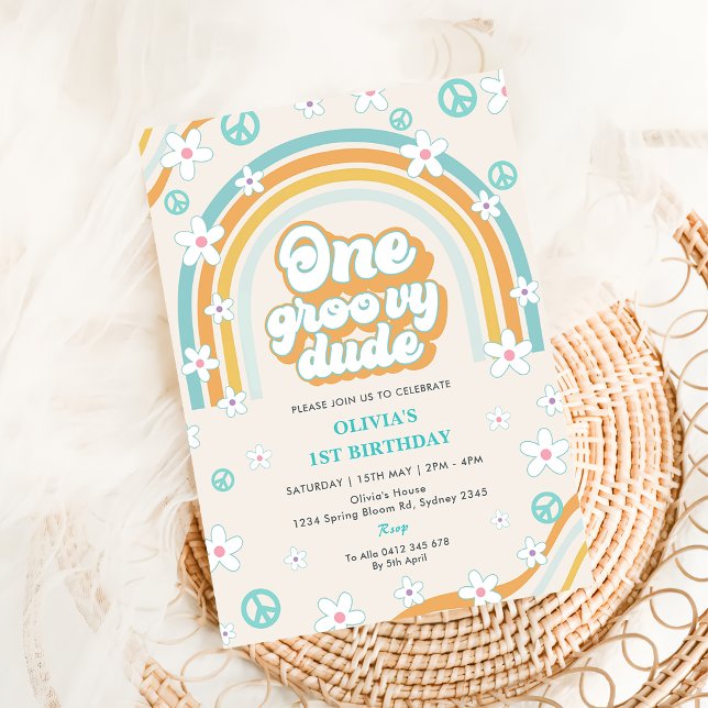 One Groovy Dude Retro Boy 1st Birthday Party Invitation (Creator Uploaded)