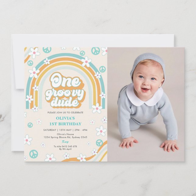 One Groovy Dude Retro Boy 1st Birthday Party Photo Invitation (Front)
