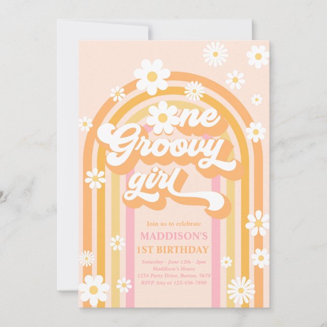 One Groovy Girl Boho Daisy Rainbow 1st Birthday Invitation (Front)