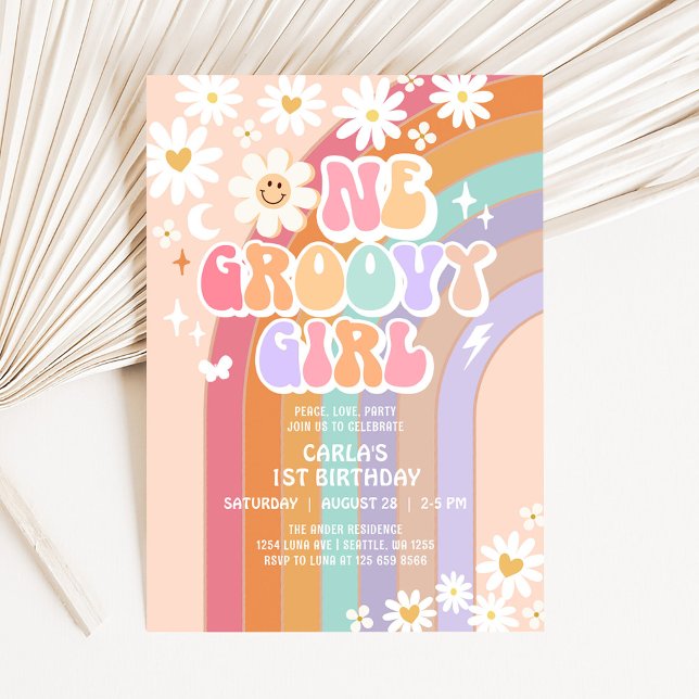 One Groovy Girl Hippie Rainbow Retro 1st Birthday Invitation (Creator Uploaded)